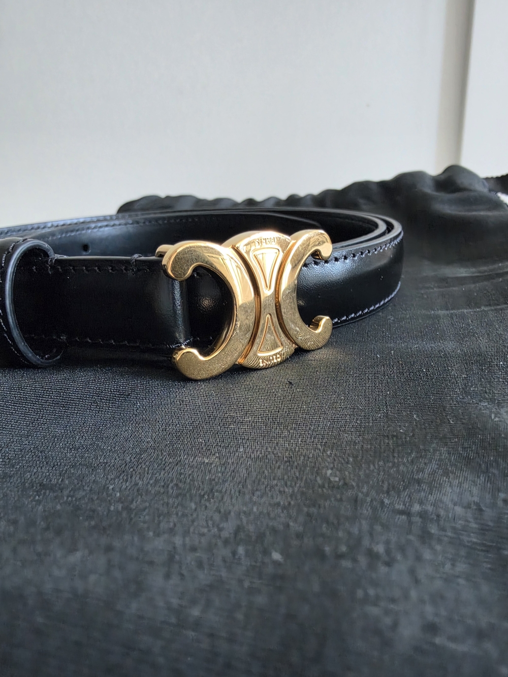 CELINE Triomphe Black Leather Belt Gold Buckle – Size 90